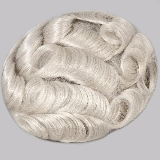 European Hair #60 Grey Color French Lace With PU Back Toupee For Men